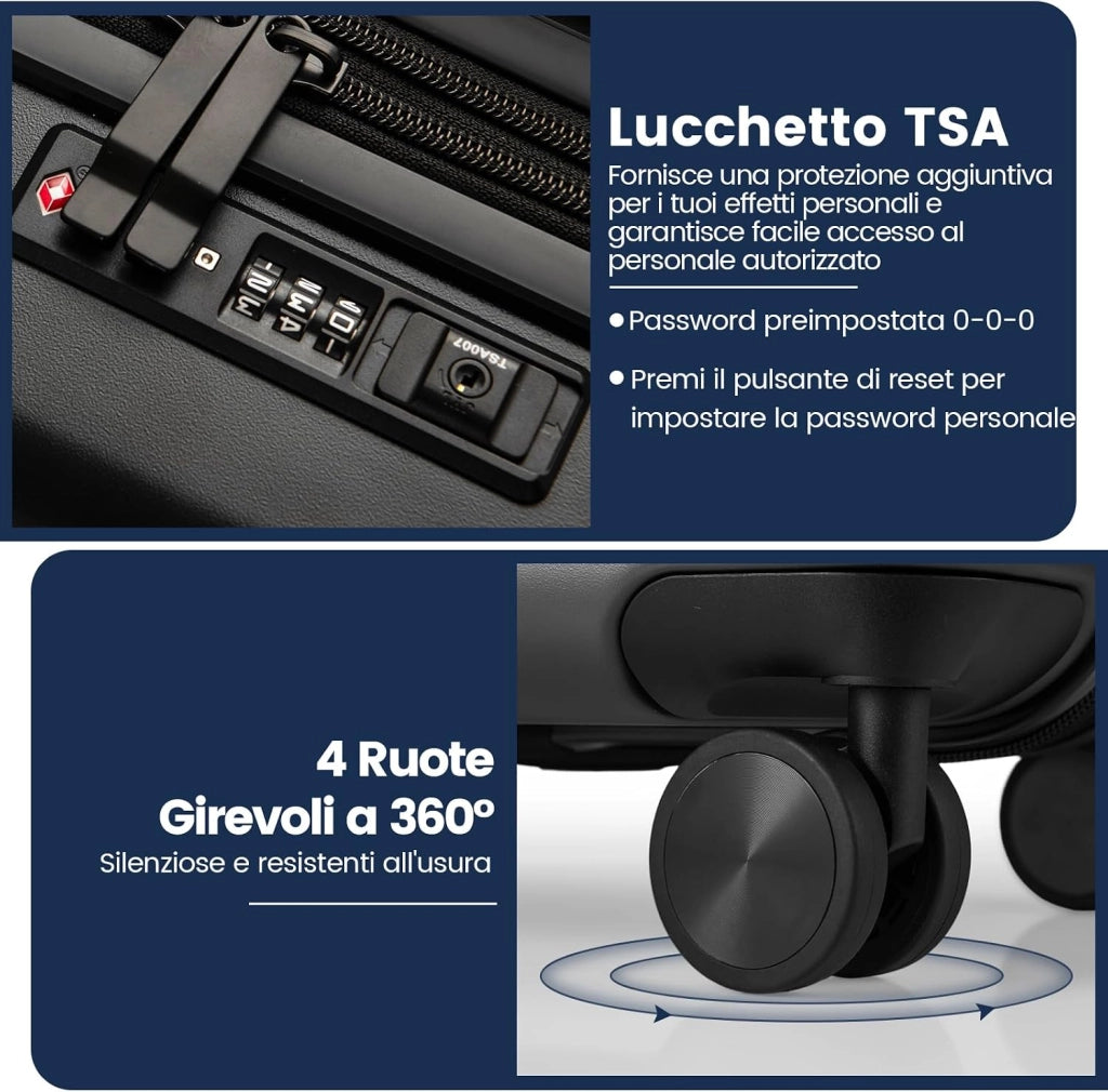 Valigia Bagaglio a Mano 20" con Tasca Frontale, Porta USB, Trolley Bagaglio a Mano con Serratura, Ruote Girevoli, Manico Regolabile (Senza Beauty + Nero)