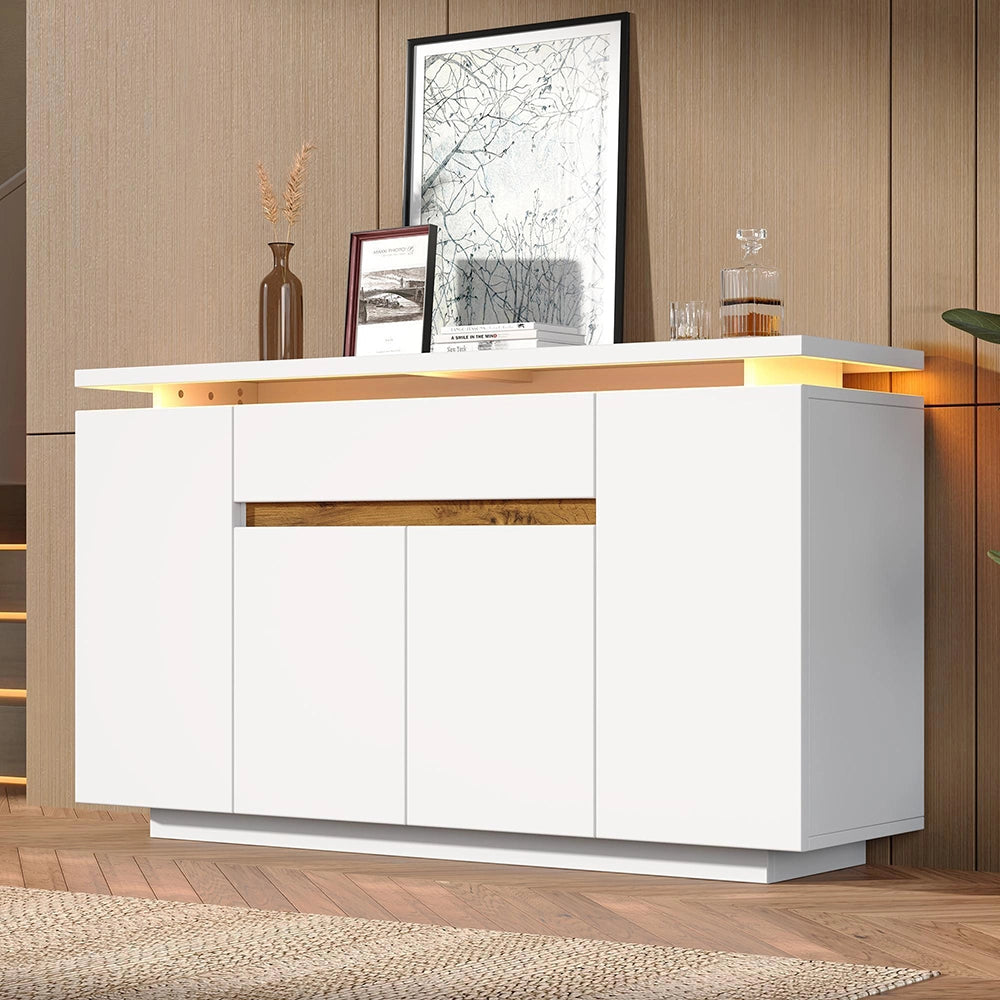 Buffet con illuminazione LED - Xylo - 140x40x80 cm - Bianco - 1 cassetto e 4 porte