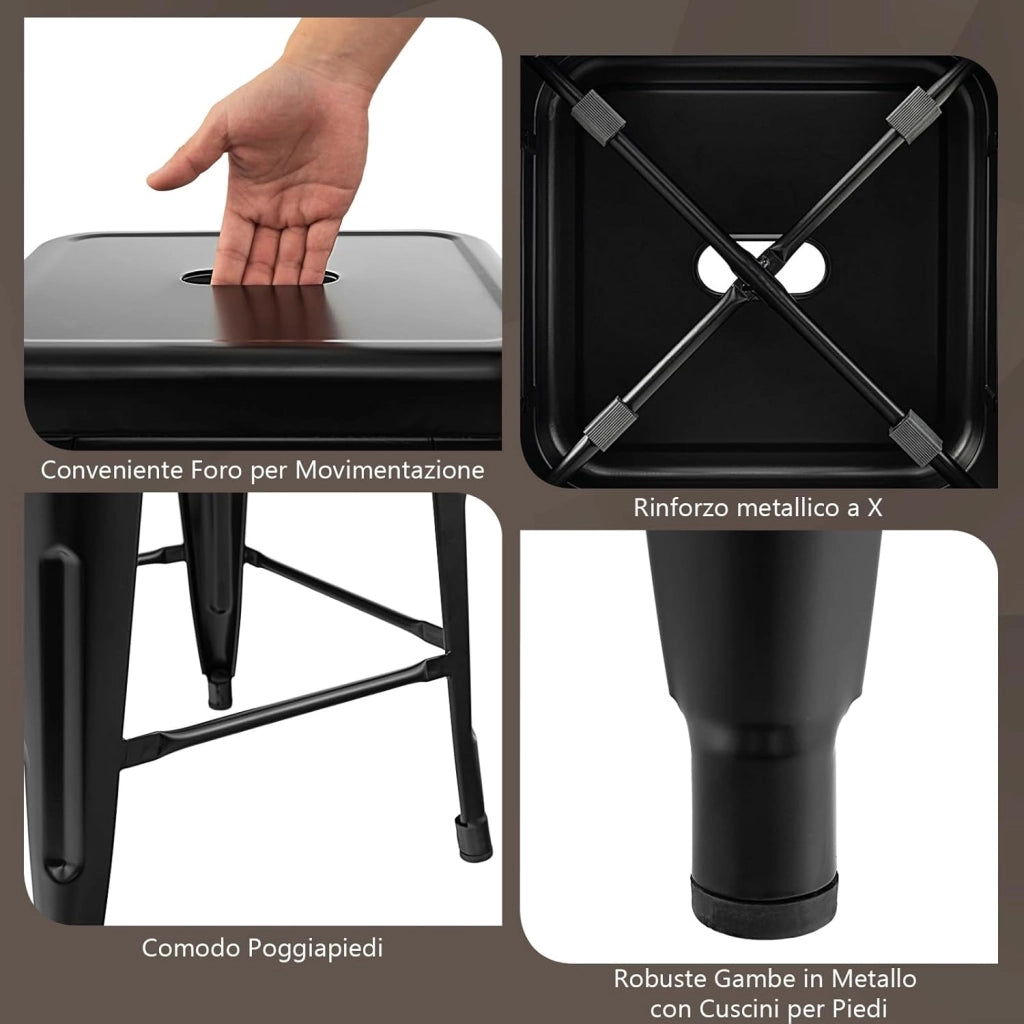 Set di 4 Sgabelli da Bar senza Schienale da 61/76 cm, Sgabelli in Metallo Impilabili con Poggiapiedi per Cucina, Sala da Pranzo e Bar (42 x 42 x 76 cm, Nero)