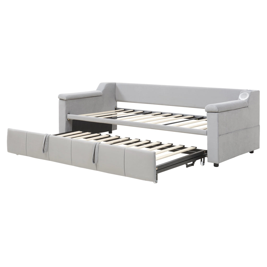 Divano letto imbottito 90/180x190 cm con Bluetooth, USB e ripiani, tessuto velluto grigio chiaro