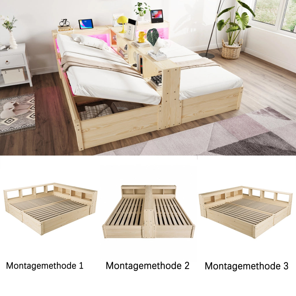 Letto divano 90/180 × 200 cm con prese integrate, contenitore, LED, senza materasso, in MDF, legno naturale