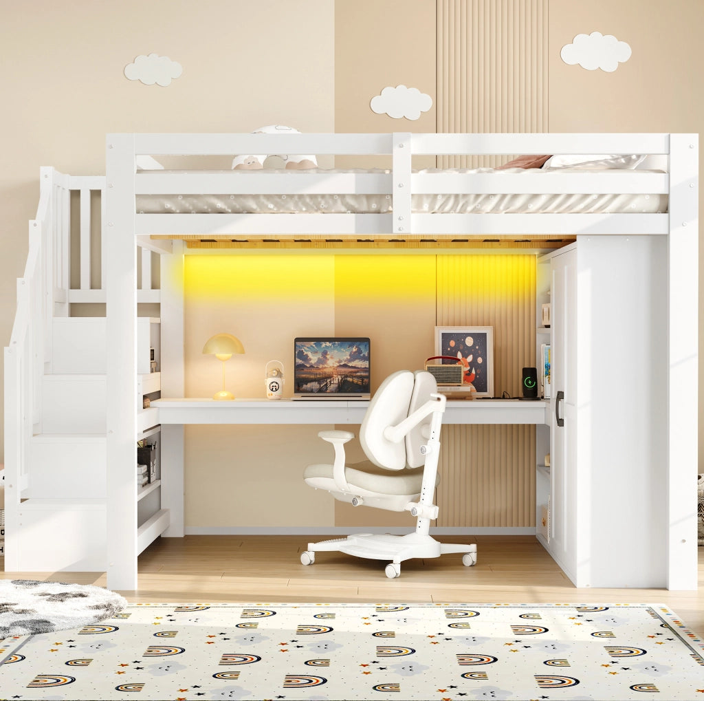 Letto a soppalco 140x200 cm con scrivania; armadio; scala contenitore; USB e LED; bianco