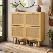 Scarpiera salvaspazio con 4 ante ribaltabili, design in rattan e finitura effetto rovere, 100 x 25 x 90 cm