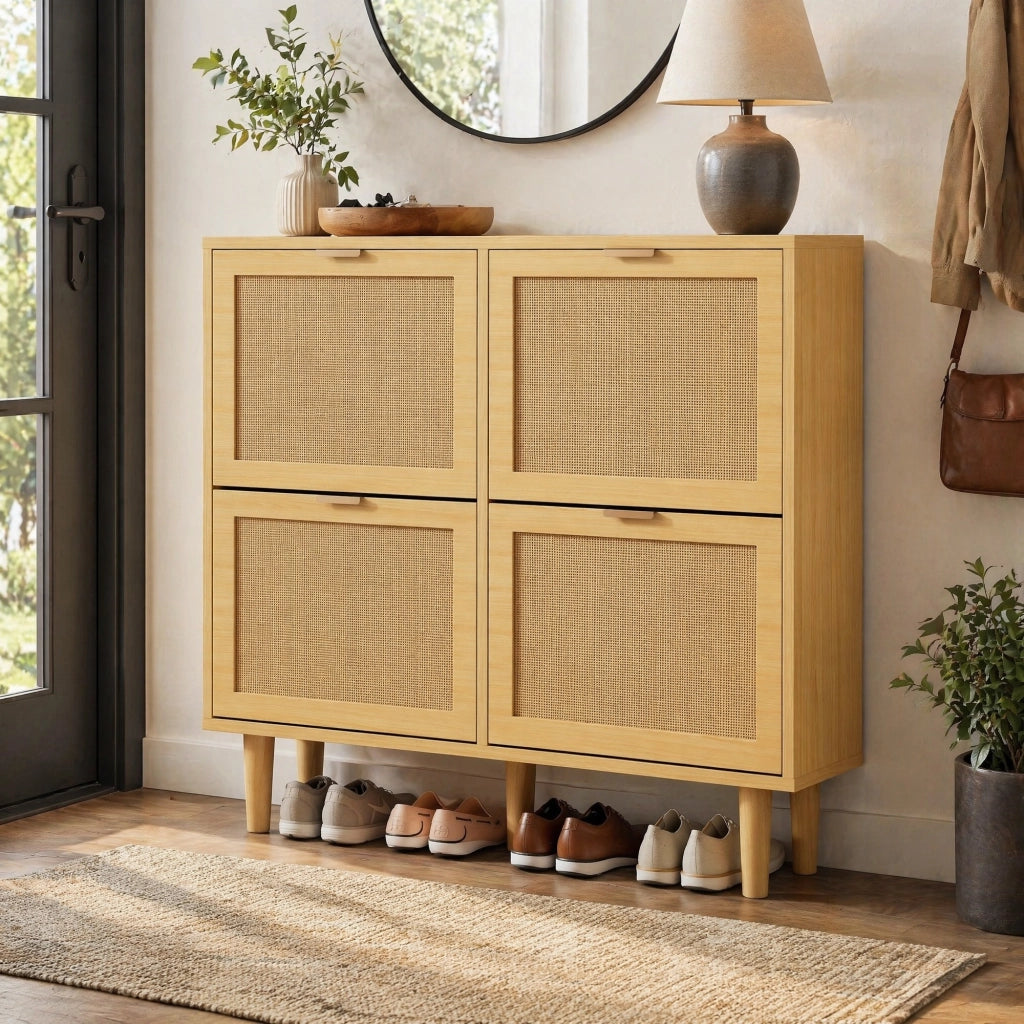 Scarpiera salvaspazio con 4 ante ribaltabili, design in rattan e finitura effetto rovere, 100 x 25 x 90 cm