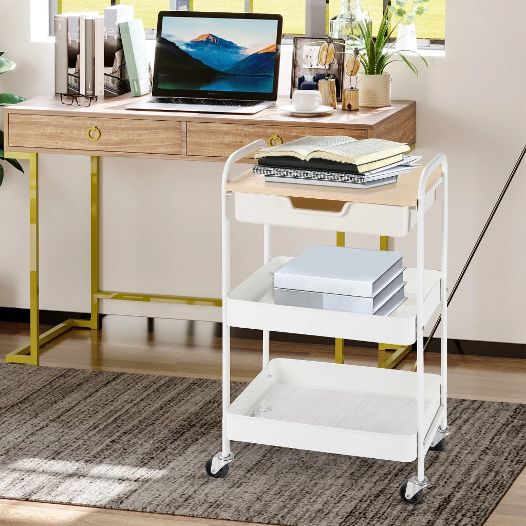 Carrello da cucina con ruote ¨C Xylo ¨C 2 cestini con cassetto estraibile e freni 43,9x30,5x75,6 cm bianco