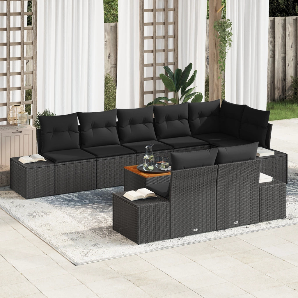 Set divano da giardino 9 pezzi con cuscini Nero Polyrattan Acacia