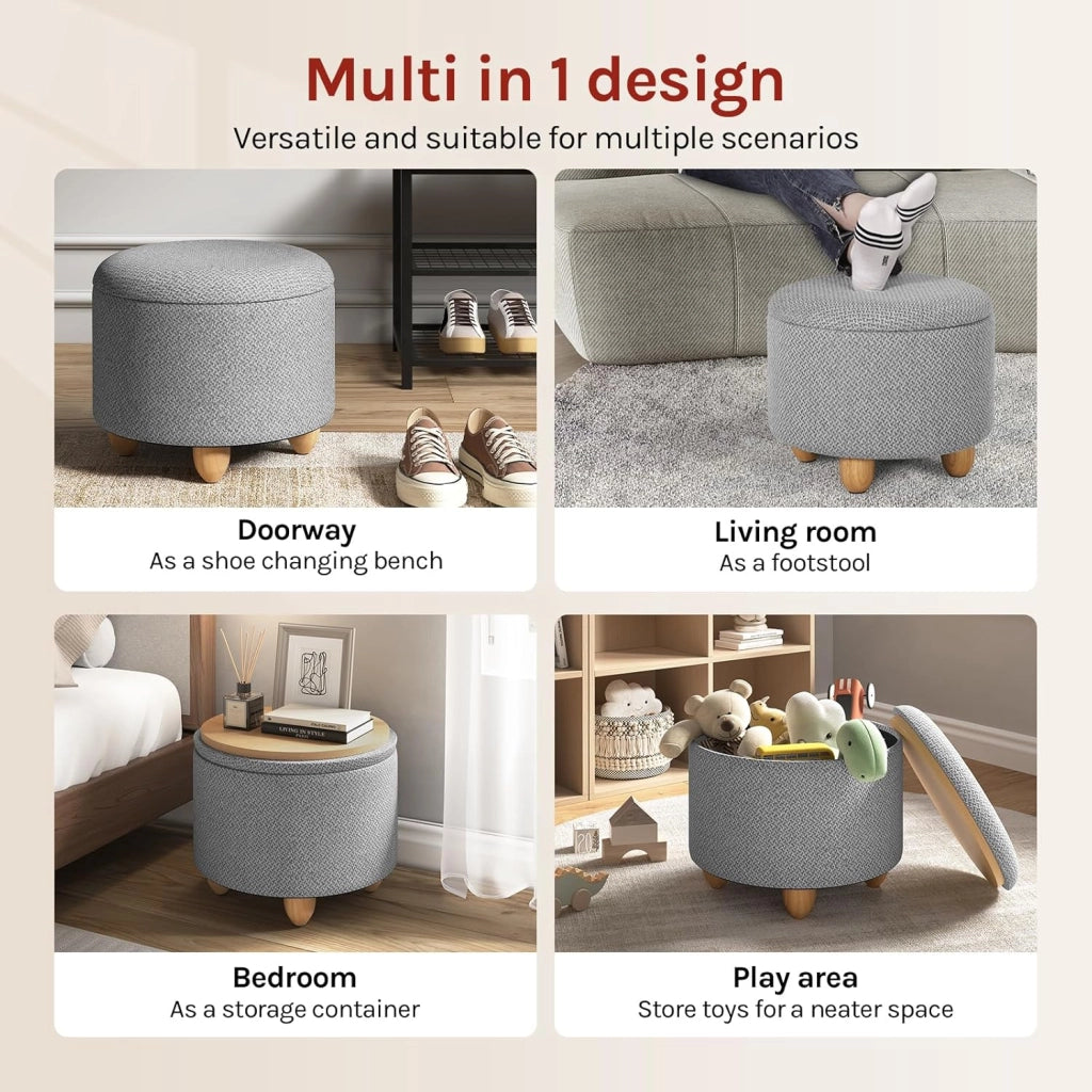 Pouf Contenitore con Coperchio, Pouf Poggiapiedi in Lino Grosso, Sgabello Tondo Salvaspazio con Gambe in Legno di Pino per Soggiorno, Corriodio, Camera, Ø 39x33 cm, Grigio Chiaro