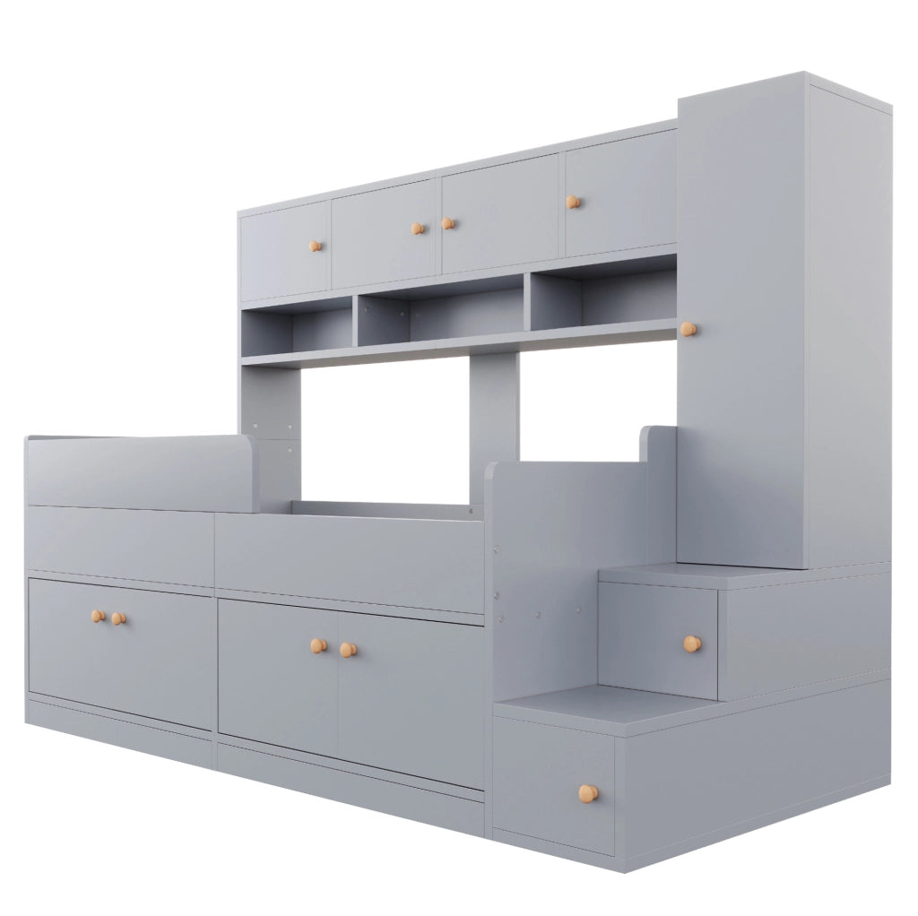 Letto a soppalco ULEVR 90x200 cm con armadi, scala contenitore, ripiani, LED e sponde di sicurezza, grigio