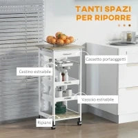 Carrello da Cucina Salvaspazio in Legno di Pino e MDF, Carrello Portaoggetti con Cassetto, Cestello, 2 Vassoi e 4 Ruote Universale, 37x37x82cm, Bianco