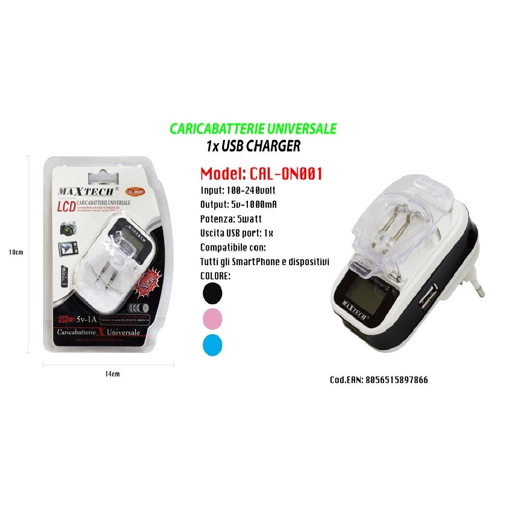 Trade Shop - Caricabatteria Universale Caricatore Lcd Usb Per Cellulare Fotocamera Maxtech Cal-on001 -
