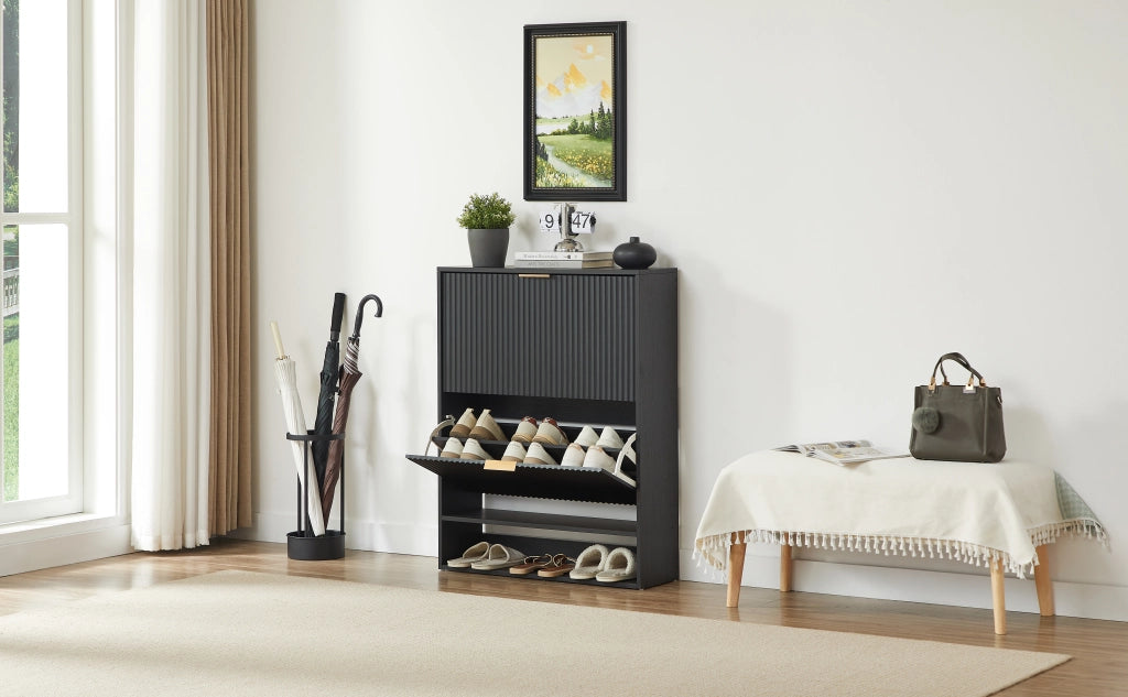 Scarpiera con ante a ribalta, ripiani regolabili e vano aperto per ingresso, in MDF, nero, 80 × 24 × 102 cm