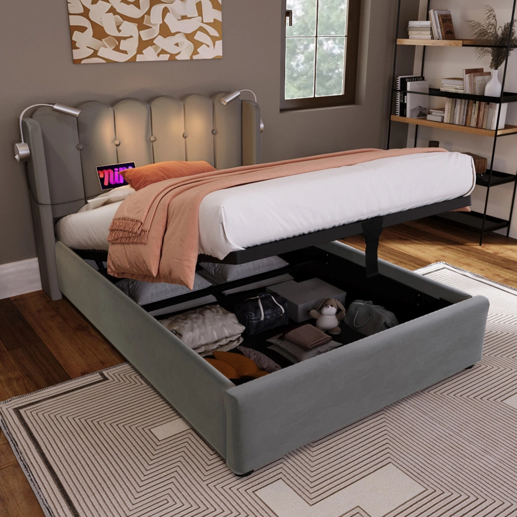 Letto Contenitore 90 x 200 cm; 1 Posto con USB; Luce da Lettura e Vano; senza Materasso; Velluto Grigio