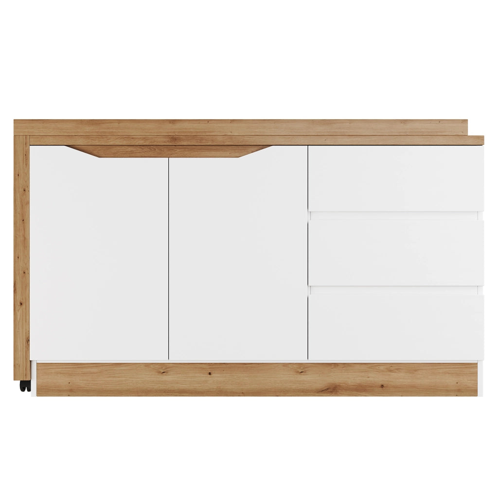 Scrivania pieghevole girevole con ruote frenanti, 120x50x78 cm, bianco e rovere, 2 ante e 3 cassetti