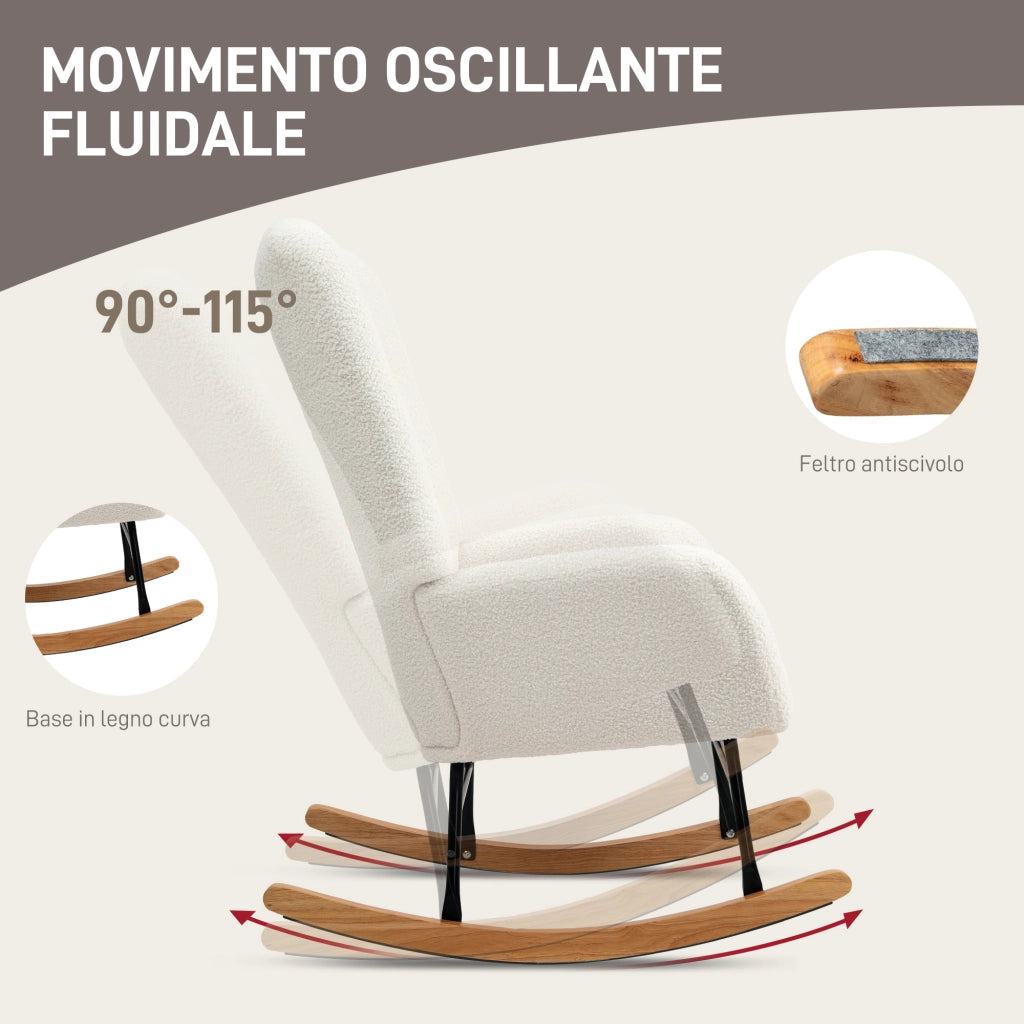 Sedia a Dondolo in Velluto Teddy, Metallo e Legno per Camera da Letto e Soggiorno, 70x94x100 cm, Bianco Crema