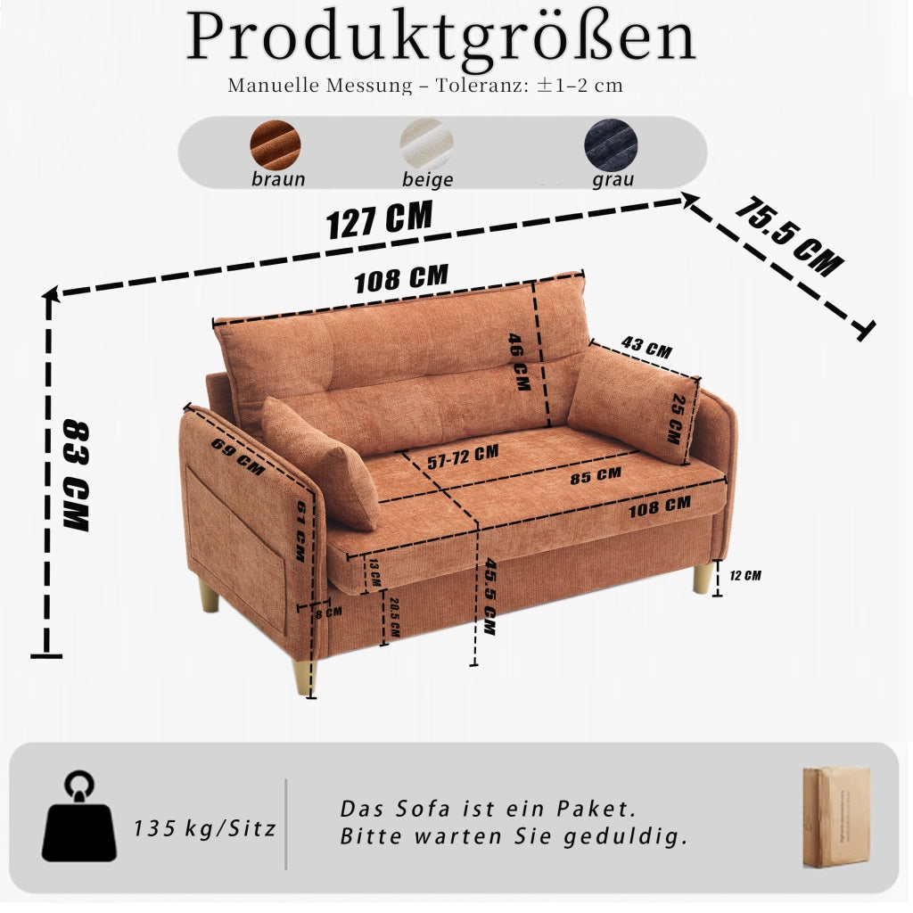 DIVANO 2 POSTI 127 cm in Chenille Marrone con braccioli