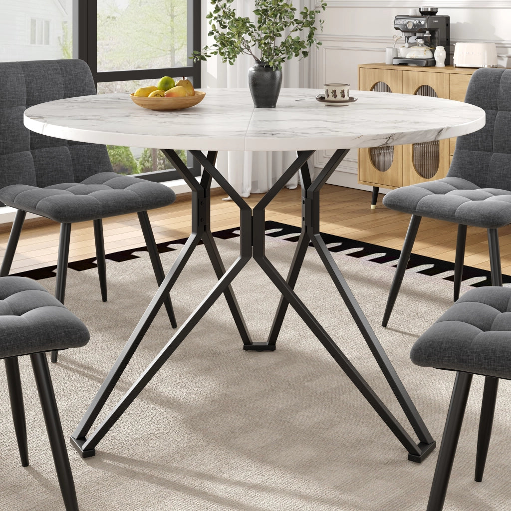 Tavolo da pranzo rotondo con piano in MDF effetto marmo e base in metallo, per cucina e soggiorno, nero, 100 × 100 × 76 cm