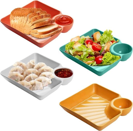 Set di piatti per snack con contenitori, piatto per snack, scodelle per salse, piatti per patatine fritte, scodelle per salse riutilizzabili, insieme per dolci, snack, noci, dessert (18,3 x 18,3 x 4 cm)