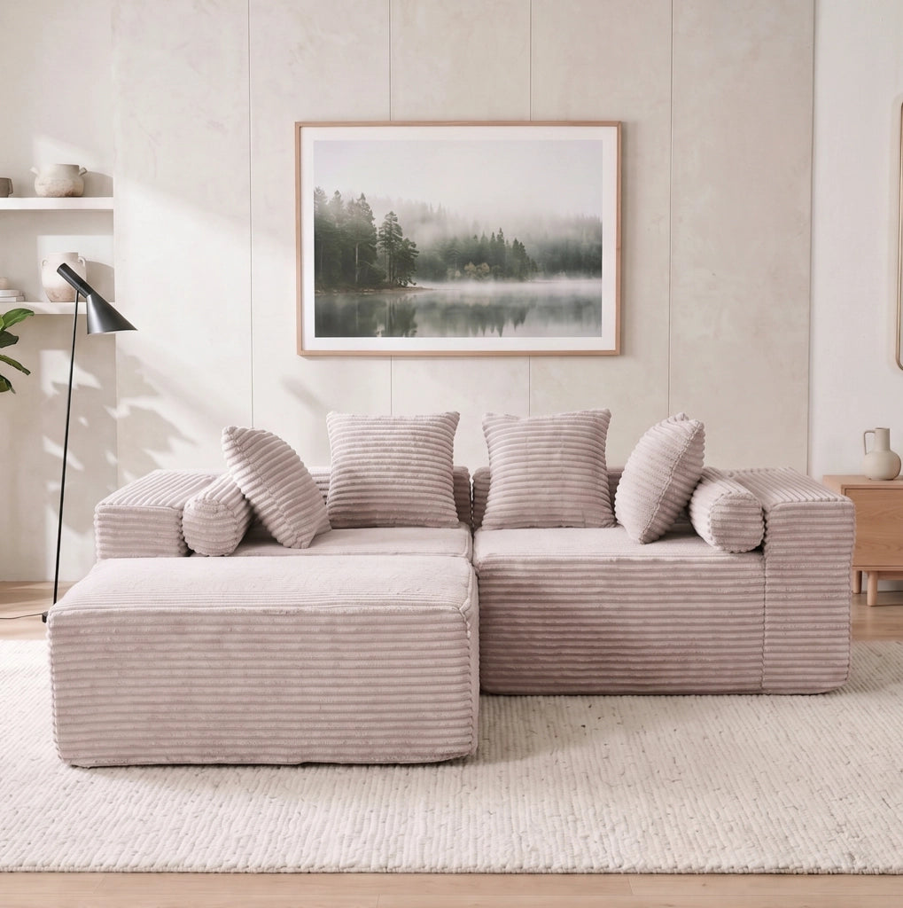 Divano modulare angolare con chaise longue; assemblaggio senza attrezzi; beige
