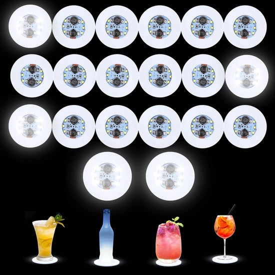 20 pacchetto di LED sottofotografie, LED adesivi per lampadine, lampadine LED super luminose con 6 raggi di luce, sottosterzo per birra per feste, club, compleanni e decorazione bar (bianco)