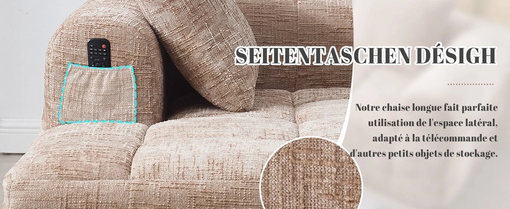 Chaise longue con cuscini ¨C Minimal ¨C tessuto khaki, con tasche laterali