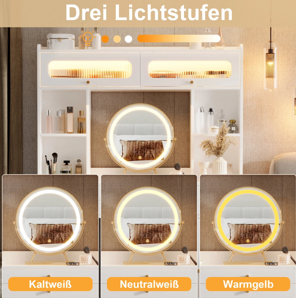 Toeletta con specchio LED e vani portaoggetti, bianca, 120×40×160 cm