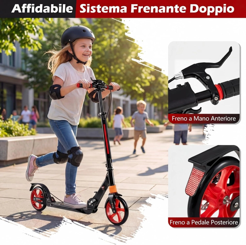 Monopattino Bambini e Adulti, Monopattino a Spinta Pieghevole e Regolabile in 3 Altezze, Monopattino Portatile con 2 Ruote, Cavalletto, Freno e Pedale Antiscivolo, Portata 100 kg