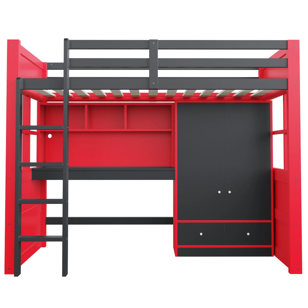Letto a soppalco singolo 90×200 cm con scala; LED; prese; armadio e cassetti; senza materasso; legno; nero e rosso