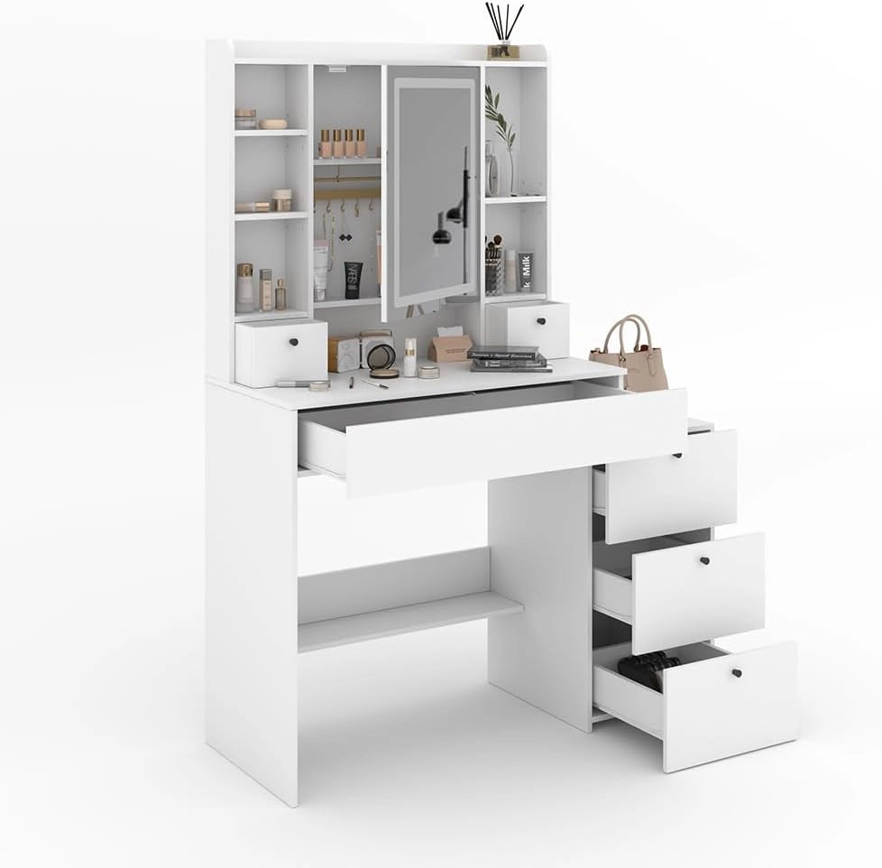 Tavolo da toilette Livora, Bianco, 105.5 cm con specchio a LED, con illuminazione LED regolabile senza scatti e specchio