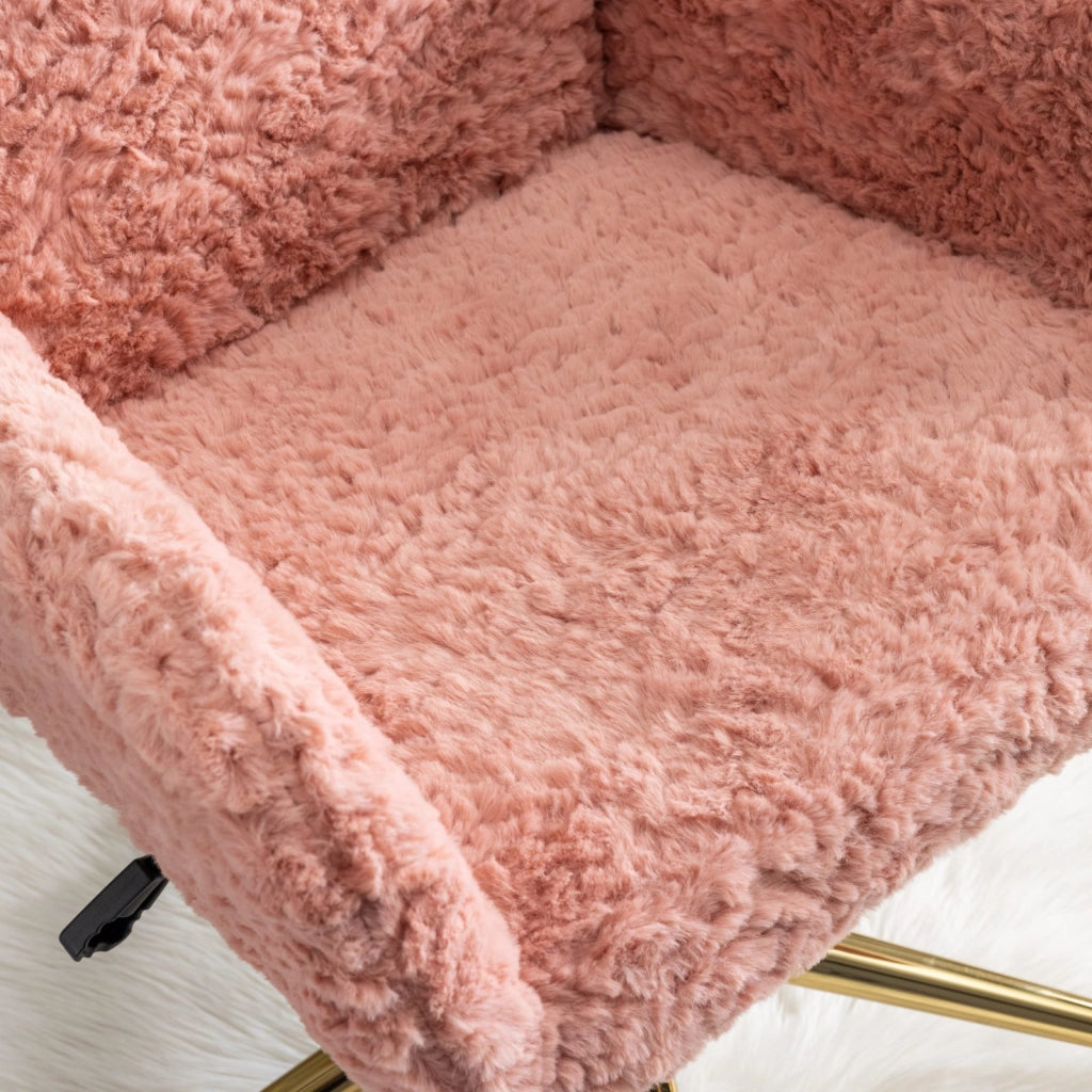 Sedia da ufficio girevole, sedia da toeletta, imitazione pelliccia di coniglio, altezza regolabile, base in metallo, rosa