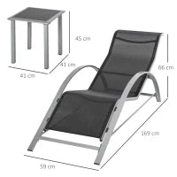 Set 2 Sdraio da Giardino e Tavolino con Vetro, Lettino Prendisole con Tessuto Traspirante 59 x 169 x 66cm, Nero Grigio