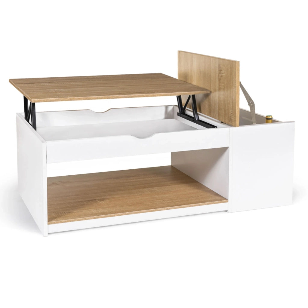 IDMarket - Tavolino ELEA sollevabile con scatola in legno bianco e faggio