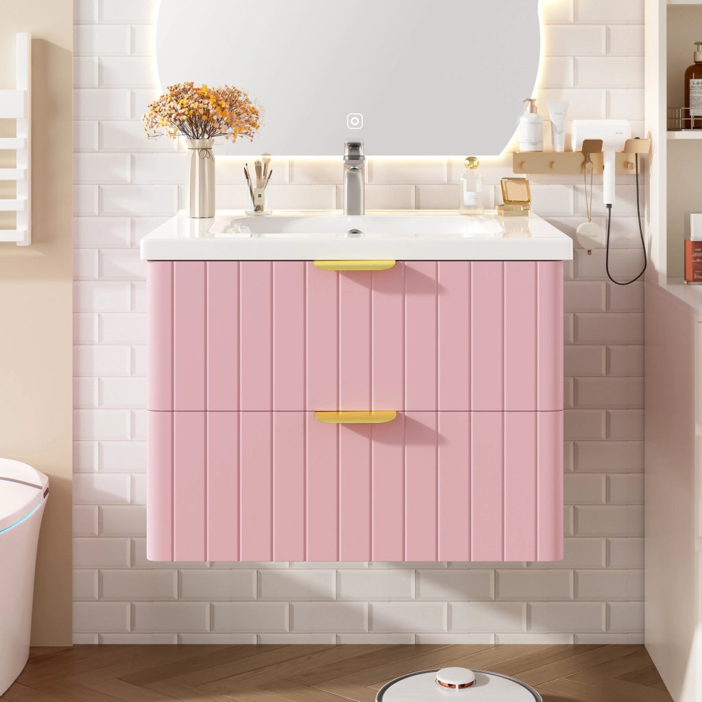 Mobile bagno sospeso con lavabo in ceramica; doppio ripiano; MDF rosa e bianco; 60;5 cm