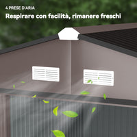 Casetta da Giardino 322x277x192 cm con 2 Porte Scorrevoli e 4 Prese d'Aria in Acciaio Marrone