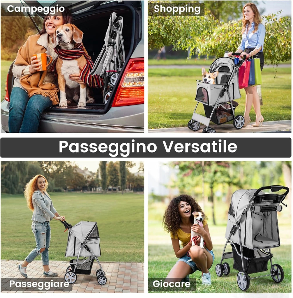 Passeggino per Cani, Carrozzina per Cani Pieghevole Fino a 15 kg, 4 Ruote con Finestra a Rete Porta Bicchiere e Cesto, Passeggino Portatile per Animali Piccola e Media (Grigio)