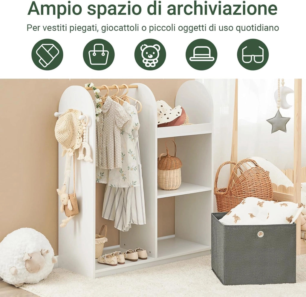 Armadio Cameretta Armadio Bambini con 3 Scomparti, Contenitore Tessuto e 3 Ganci Laterali Guardaroba con Appendiabiti per Bambini Bianco 97x35x108 KMB40-W