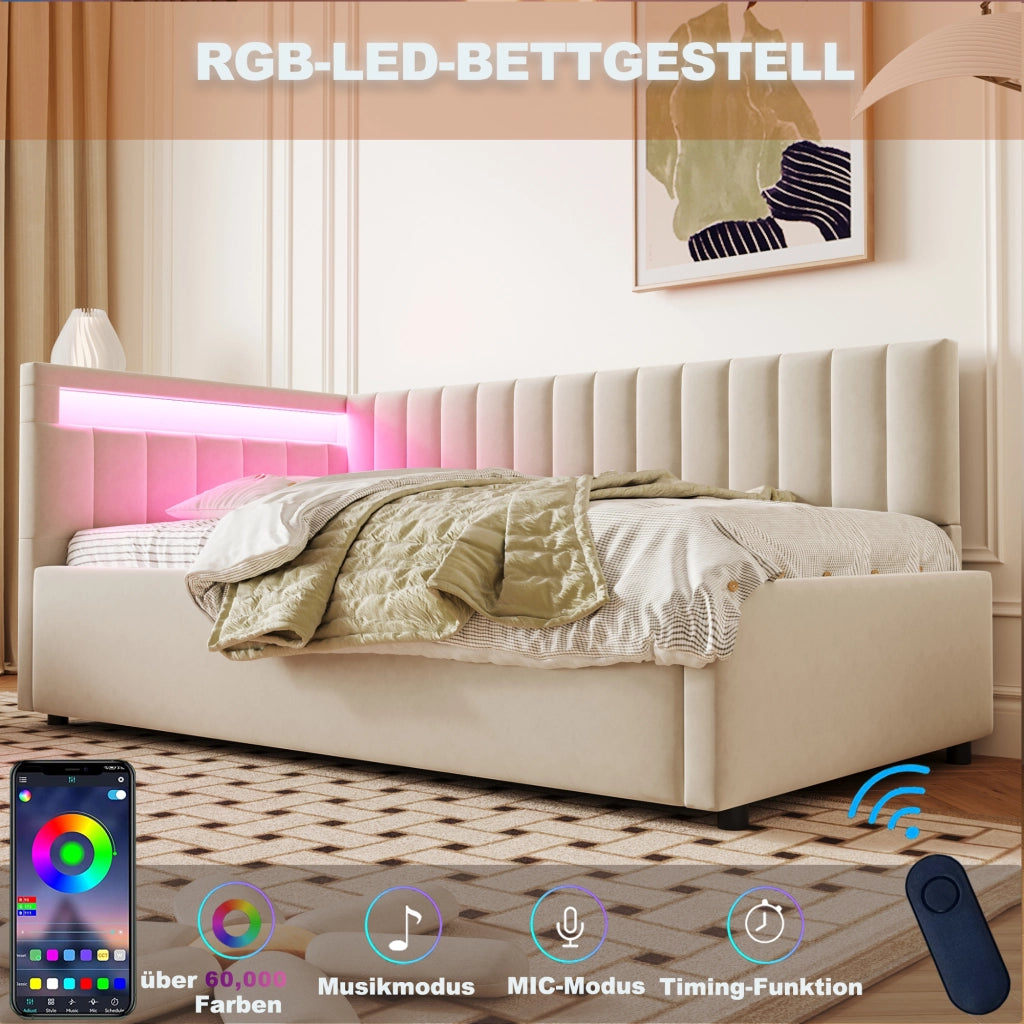 DESMIU Letto Contenitore 90 × 200 cm 1 posto con LED, vano idraulico, senza materasso, in velluto, beige
