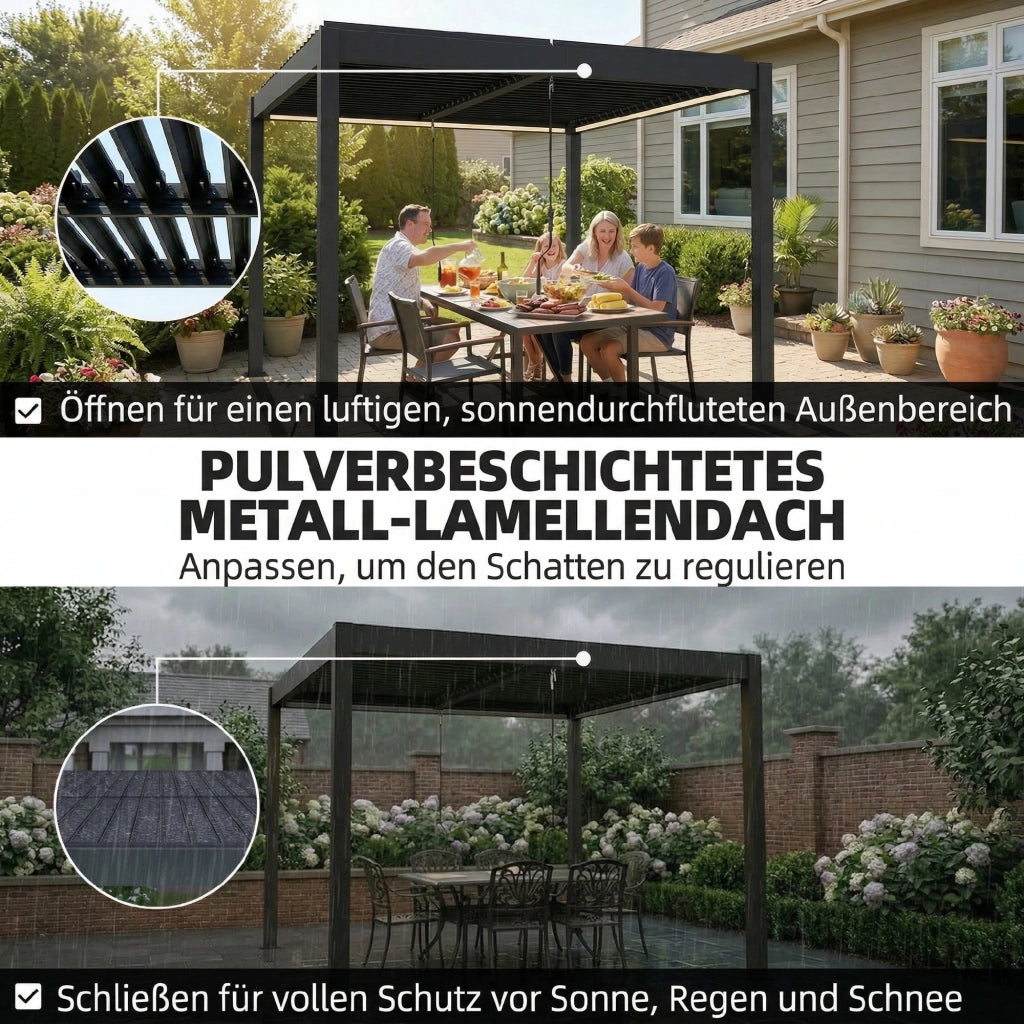 Pergola in alluminio 3x3 m con tetto a lamelle regolabile e illuminazione LED ¨C zephmum ¨C Grigio