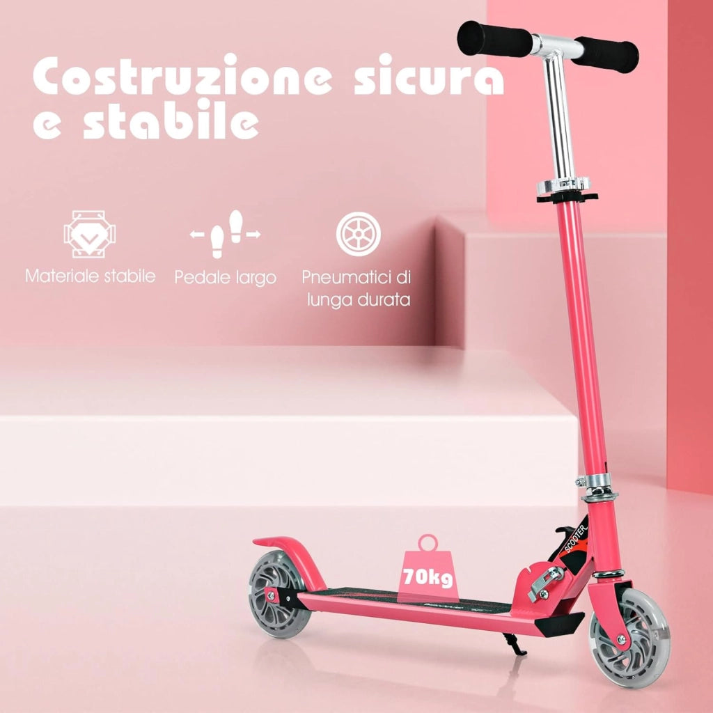 Monopattino Bambini, Monopattini a Spinta Pieghevole e Regolabile in 3 Altezze, con 2 Ruote Lampeggianti, Freno e Cavalletto, Portata 70 kg