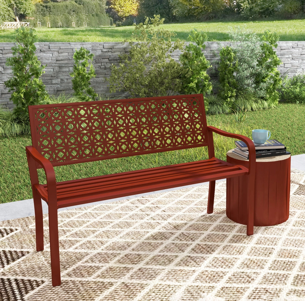 Panchina da giardino a 2 posti in acciaio rosso 127 x 63 x 85 cm; con braccioli e schienale decorato