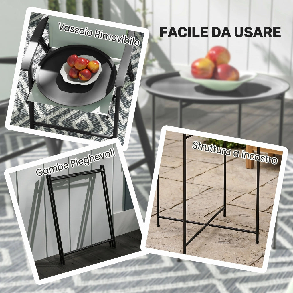 Tavolo da Giardino Rotondo con Vassoio Estraibile e Gambe Regolabili ¨C zephmum ¨C Nero Acciaio ?46x50 cm