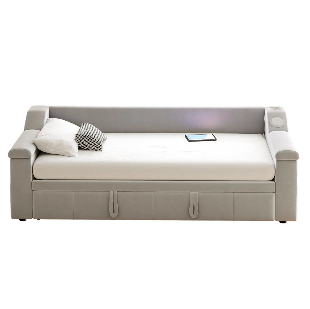 Divano letto imbottito con Bluetooth; USB e scomparti nei braccioli; 90/180x190 cm; grigio