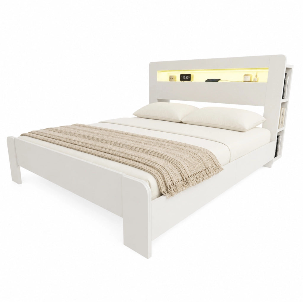 Letto matrimoniale in legno 180x200 cm con testiera contenitiva, LED e prese