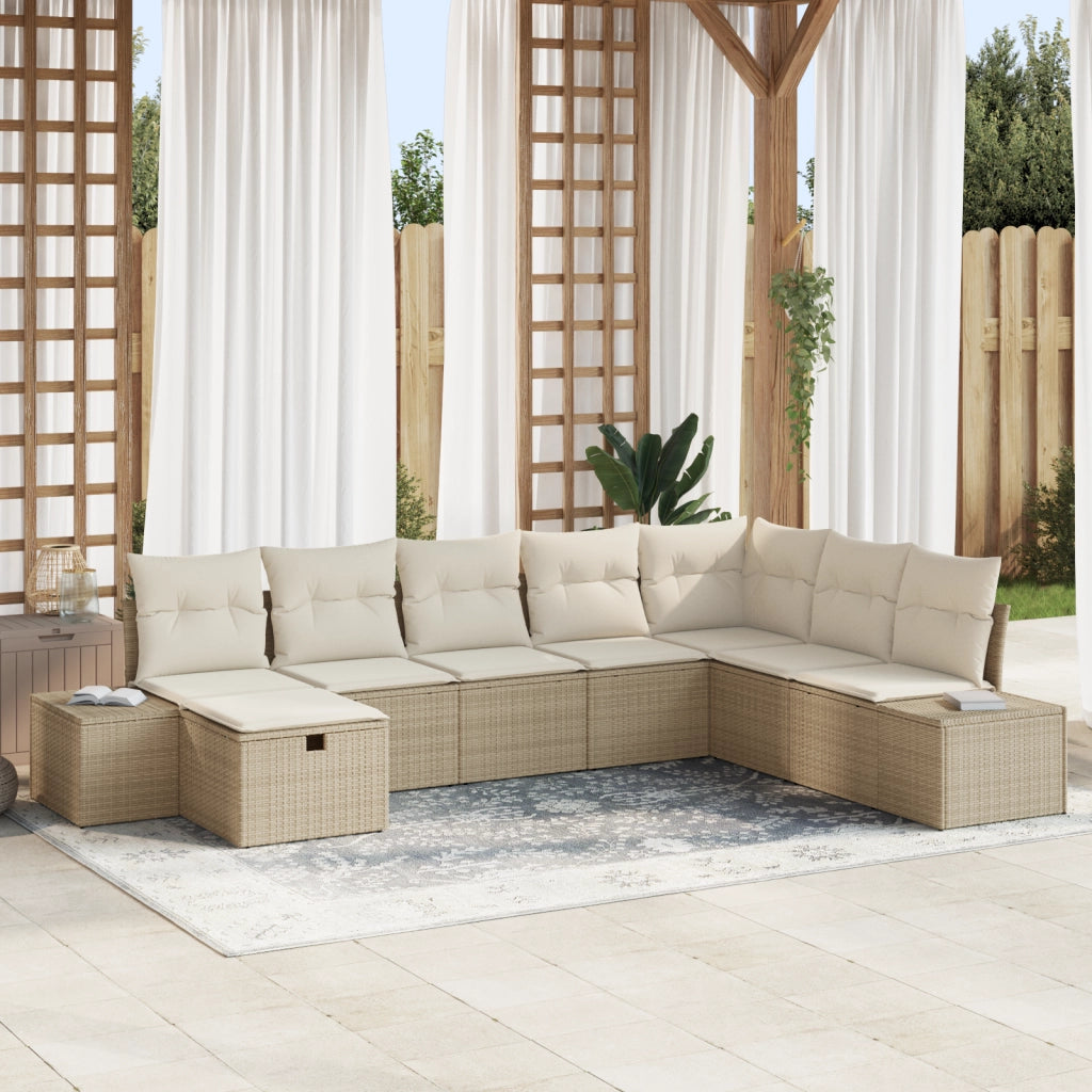 Set Divano da Giardino 8 Pezzi con Cuscini Beige in Polirattan