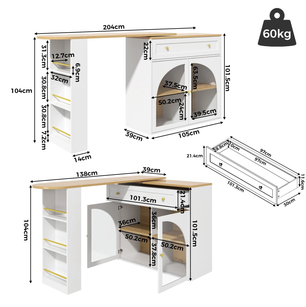 Tavolo bar girevole estensibile bianco con ripiani, 138-204 cm