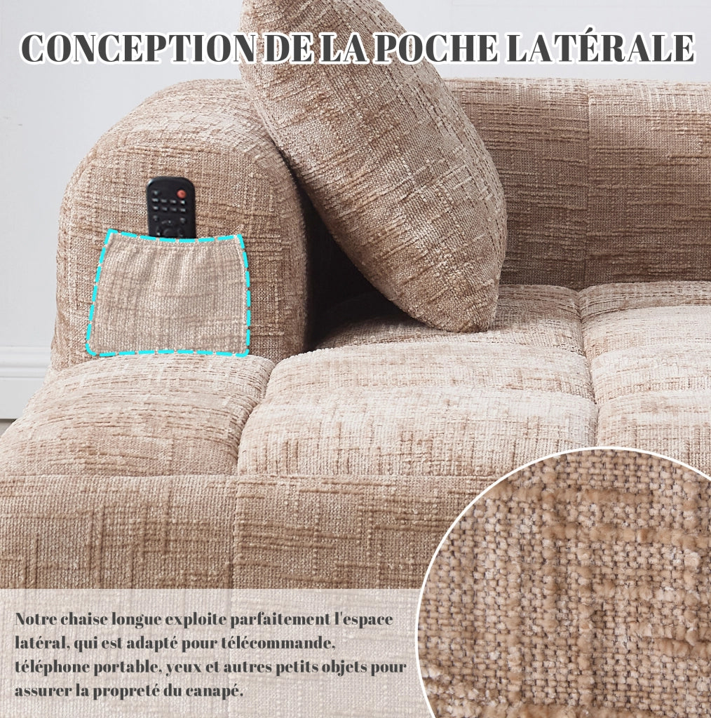 Divano Chaise Longue Khaki con Tascabili Laterali e Cuscino Incluso, 158x90x60 cm