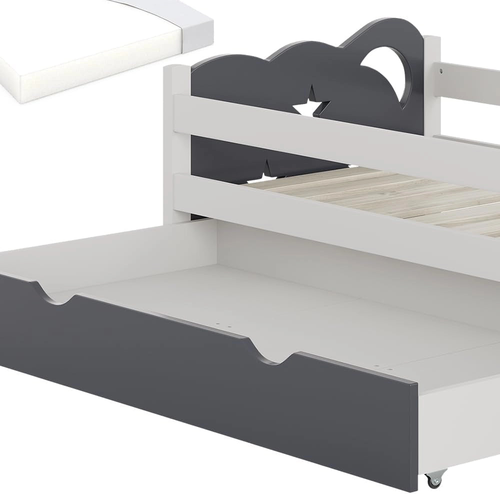 letto per bambini Jessica, Grigio, 70x140 cm con cassetto e materasso, estendibile come letto per ragazzi, combinabile con la serie Jessica
