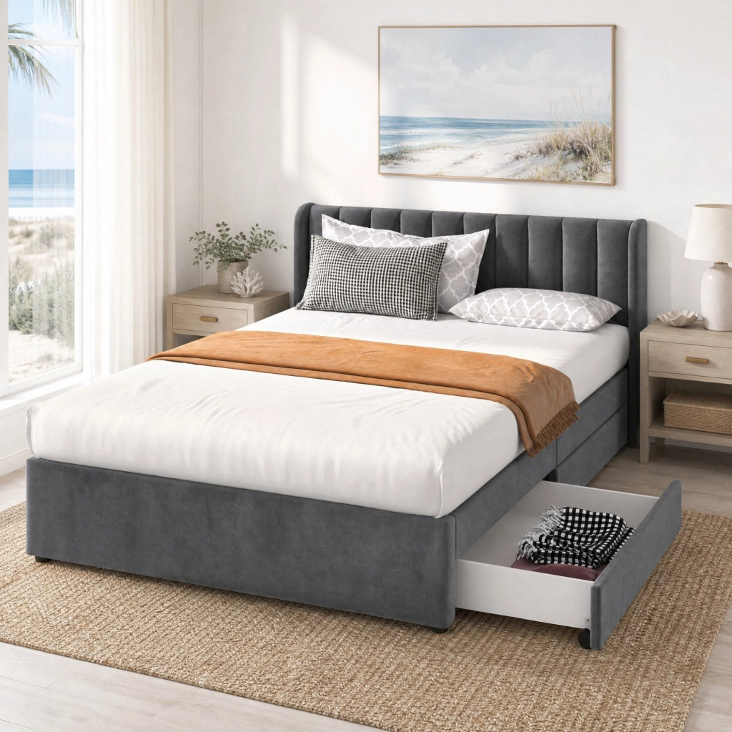 Letto matrimoniale 160x200 cm in velluto grigio con rete a doghe, 2 cassetti e testiera alta