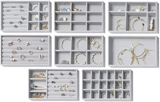 Organizzatore per gioielli in 8 parti, per organizzare gioielli in cassetti, contenitore per l'archiviazione di orecchini, anelli, bracciali, collane, grigio
