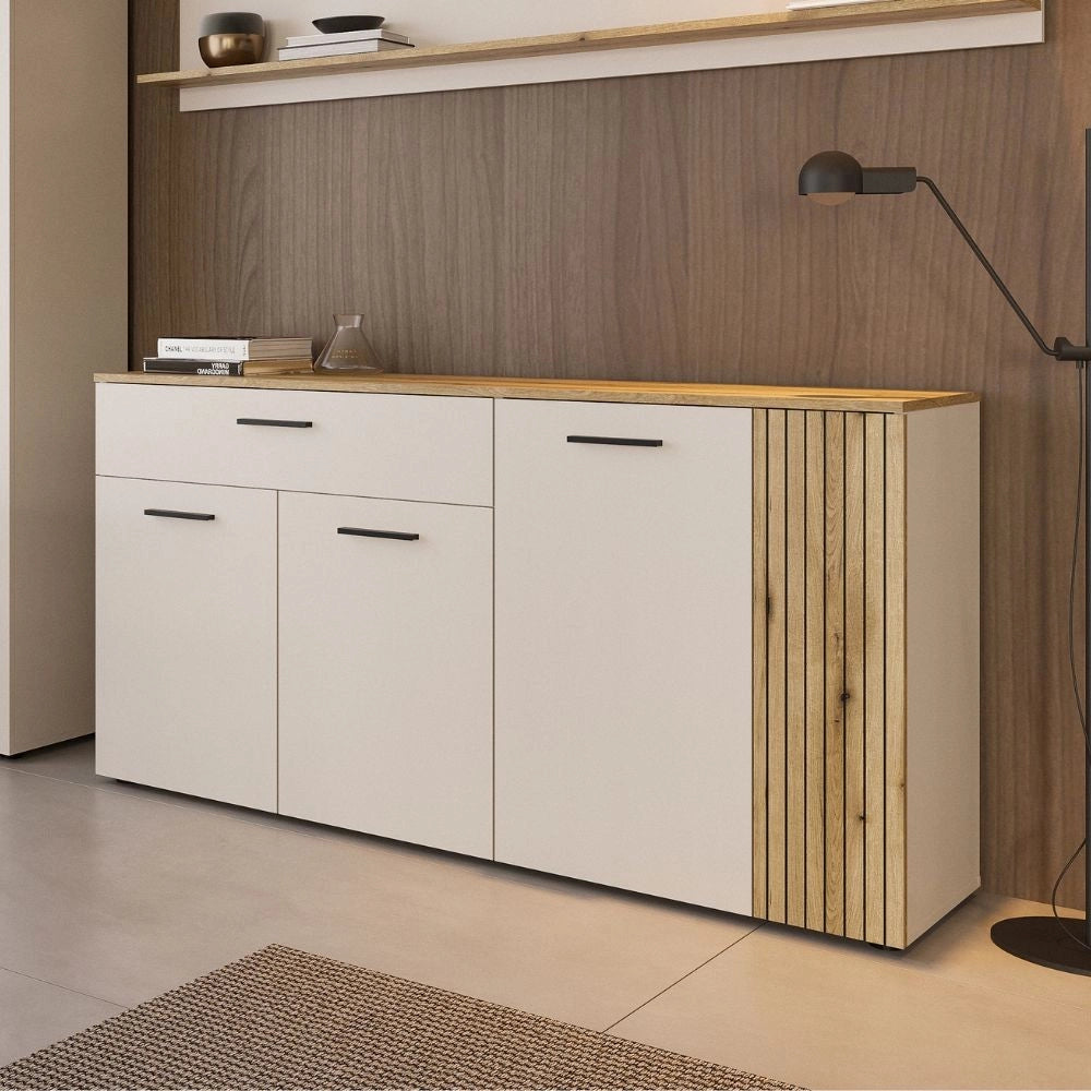 Credenza 4 ante e 1 cassetto Frezo03 cashmere e rovere con listelli verticali 150x42x83H