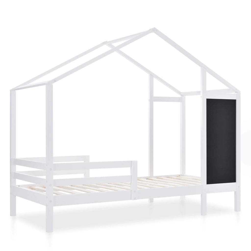 Letto a casa in legno massello bianco con lavagna e 2 cassetti 90x200 cm